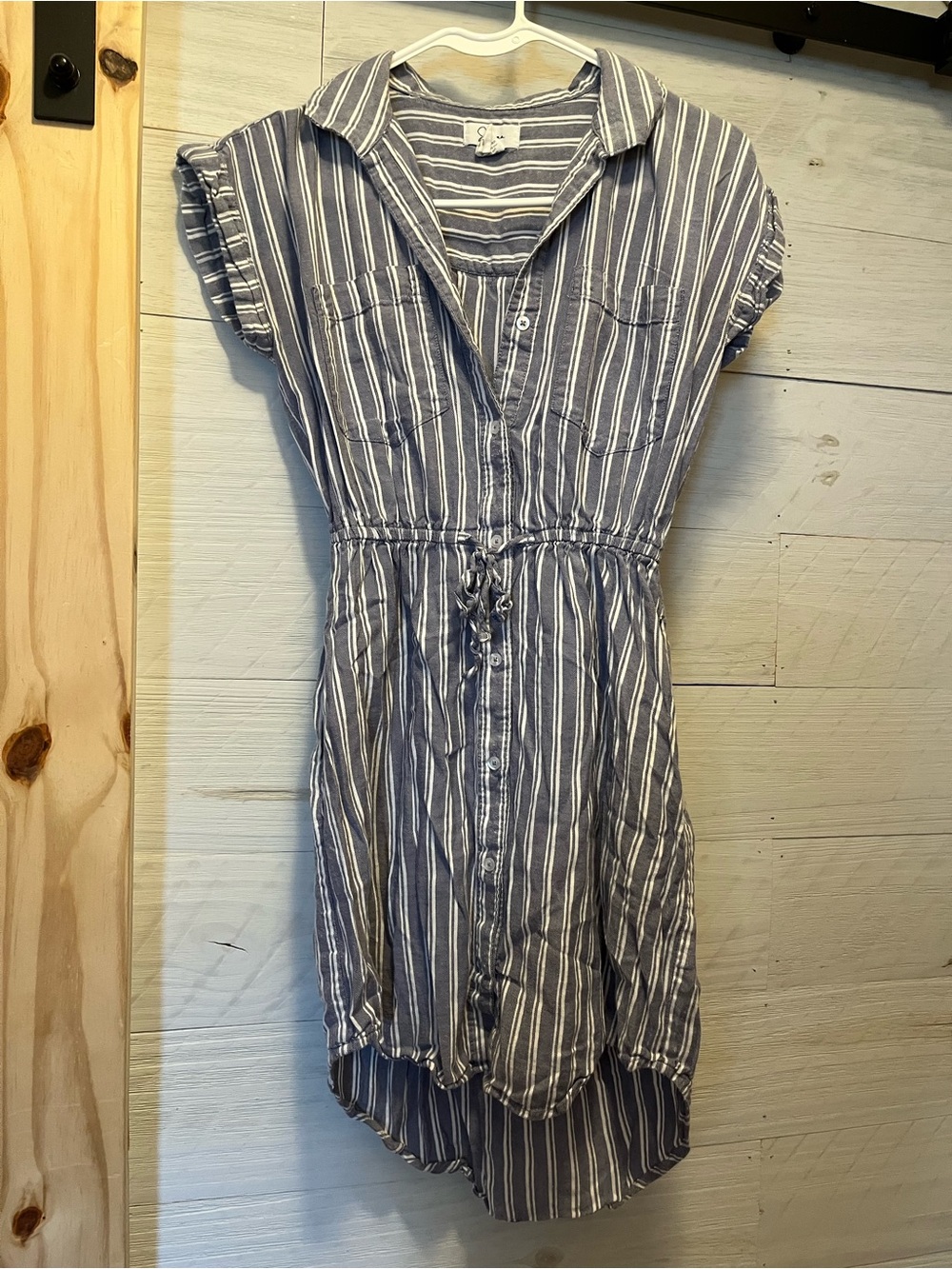 Japna Blue and White Striped Button-Front Drawstring Shirt Dress